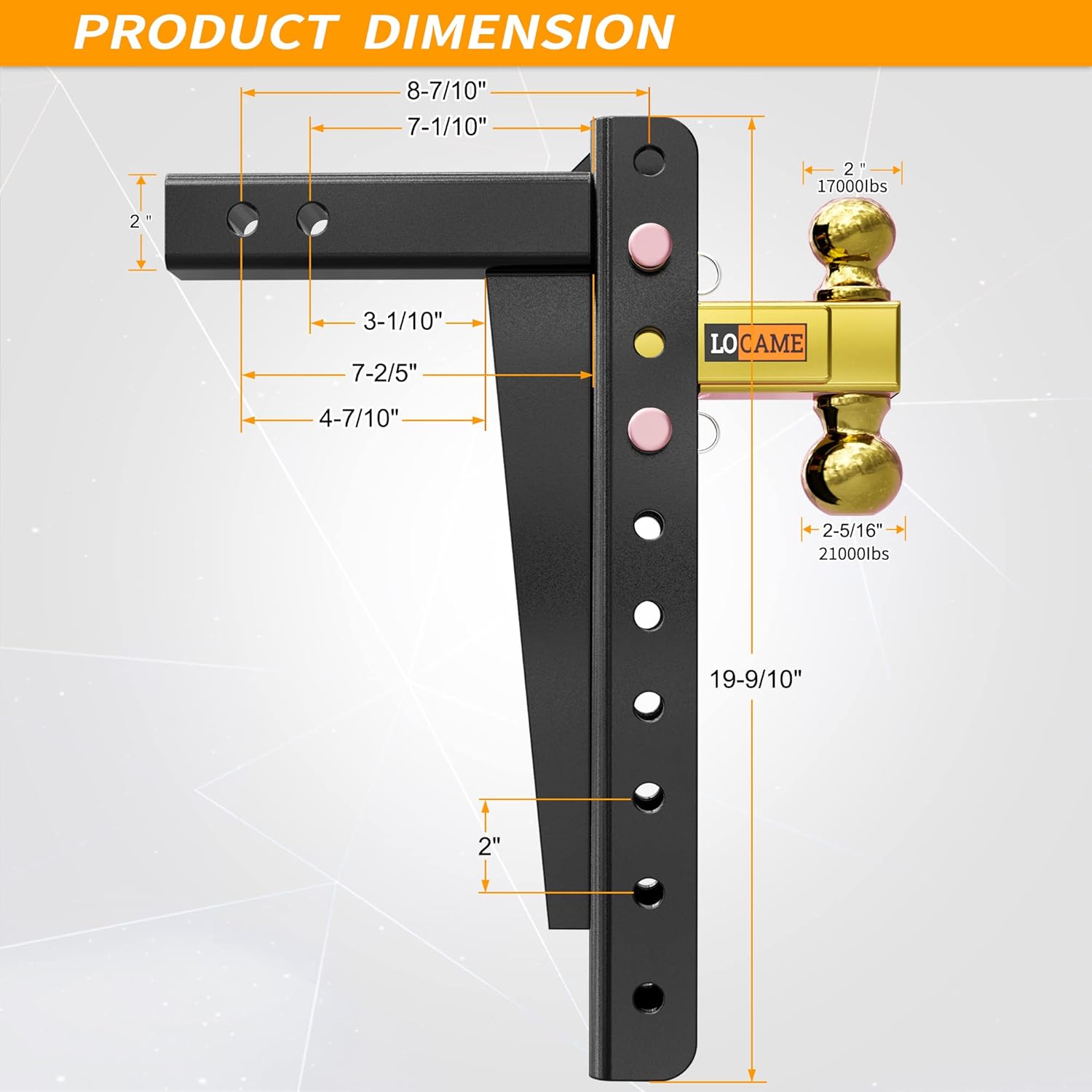 LOCAME Adjustable Trailer Hitch, Fits 2-Inch Receiver, 15-Inch Drop/Rise Drop Hitch ,21,000 LBS GTW--Tow Hitch for Heavy Duty Truck with Double Pins