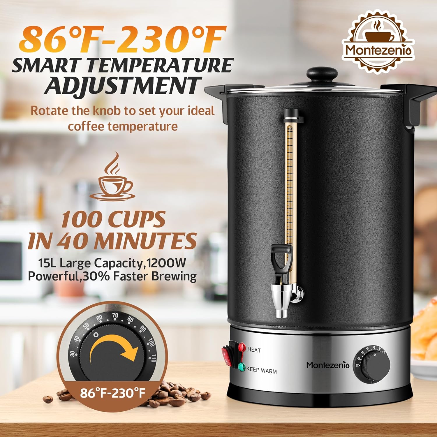 100 Cup Commercial Coffee Urn,Stainless Steel &Thermal Sleeve, 15L Large Coffee Dispenser to Quick Brewing
