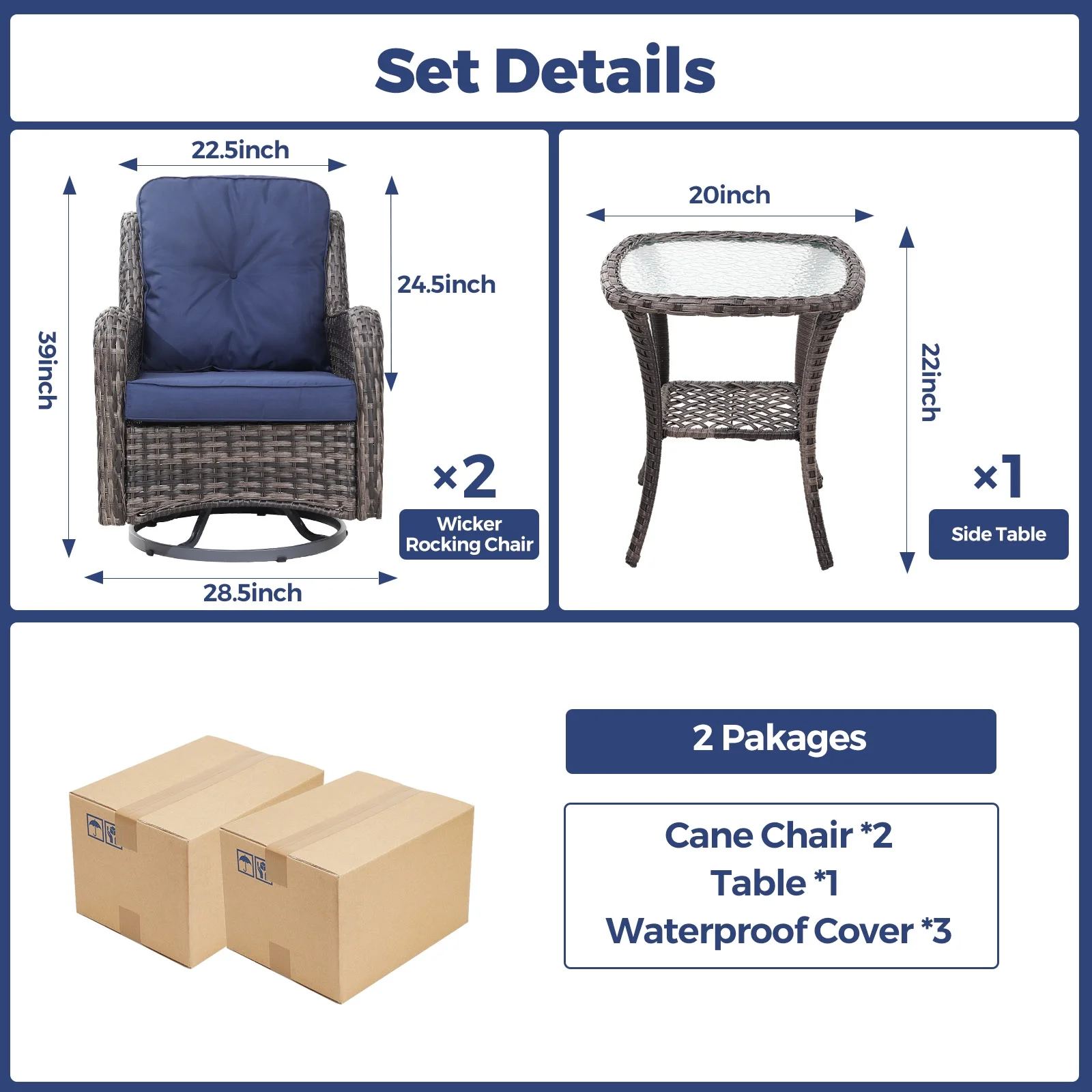 WILOUNGE 3 Pieces Patio Furniture Sets,Outdoor Furniture with Patio Chairs and Glass Side Table