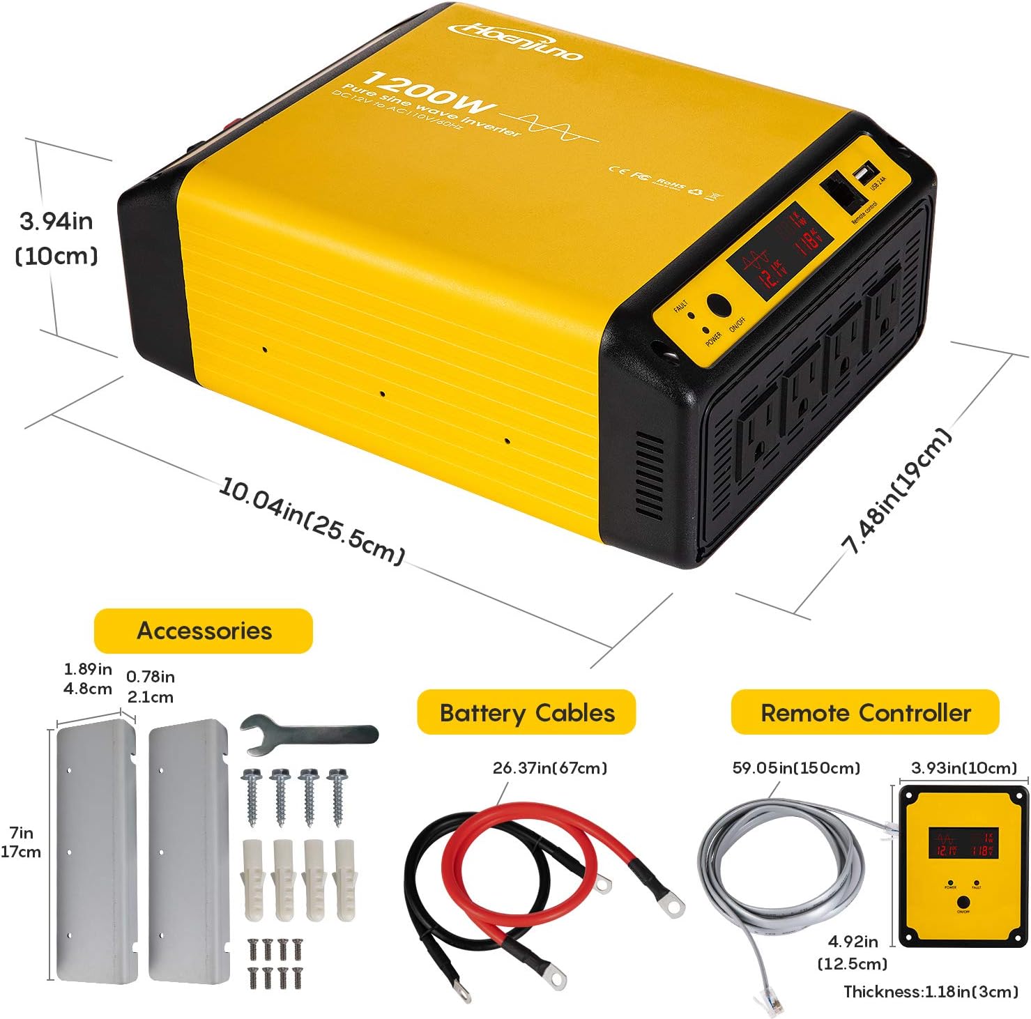 1200W Pure Sine Wave Inverter Power Converter DC 12V to AC 110-120V Power Source with 15 Feet Remote Control Cable