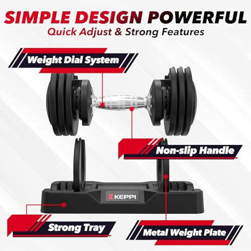 Keppi Adjustable Dumbbells Set-25lb/40lb/55lb/60lb, Anti-Slip Metal Fast Adjust Weight Handle, Exercise & Fitness for Full Body Workout
