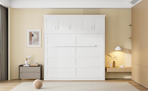 Full Size Murphy Bed with Drawers, Cabinets and USB Ports,Wood Murphy Bed Cabinet Bed Removable Shelves