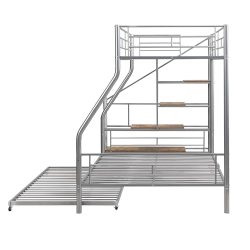 Twin Over Full Bunk Bed - Metal Full Size Bed with Trundle and Storage Staircase, Heavy Duty Bed Frame with Safety Guaedrail
