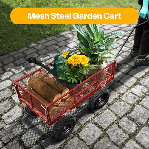 VIVOHOME Heavy Duty 880 Lbs Capacity Mesh Steel Garden Cart Folding Utility Wagon with Removable Sides and 4.10/3.50-4" Wheels 10 inch Tire (Black)