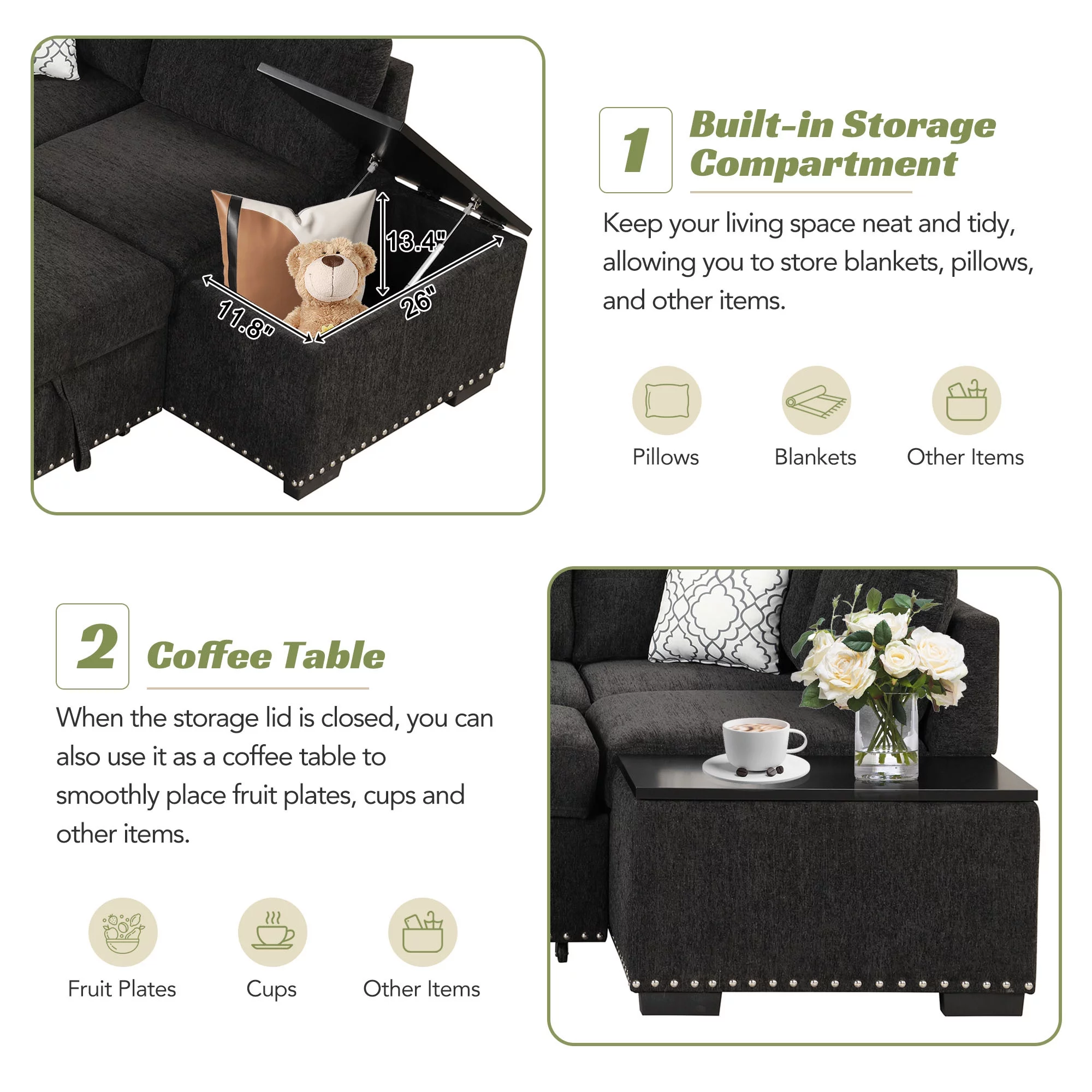 Reversible Sectional Pull-Out Sofa Bed L-Shaped Corner with Storage Chaise, Black