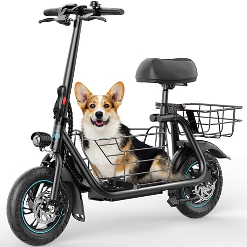 Gyroor Adults Electric Scooter with Large Middle Basket, 550W Motor 18.6 MPH 20 Mile Distance, Foldable E-Scooter with seat for Pets & Cargo
