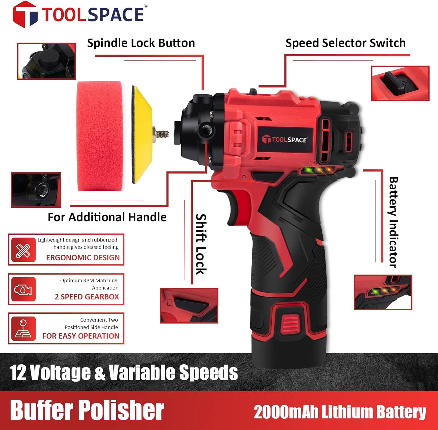 TOOLSPACE 46pcs Cordless Car Buffer Polisher Kit 12V 7800RPM with 2 x 2.0Ah Li-ion Batteries