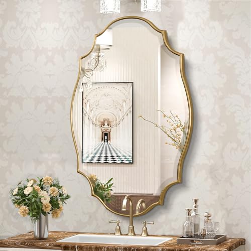 Scalloped Oval Wall Mirror, 24“X36” Gold Bathroom Vanity Mirror, Ornate Decorative Mirror for Living Room, Washroom, Bedroom