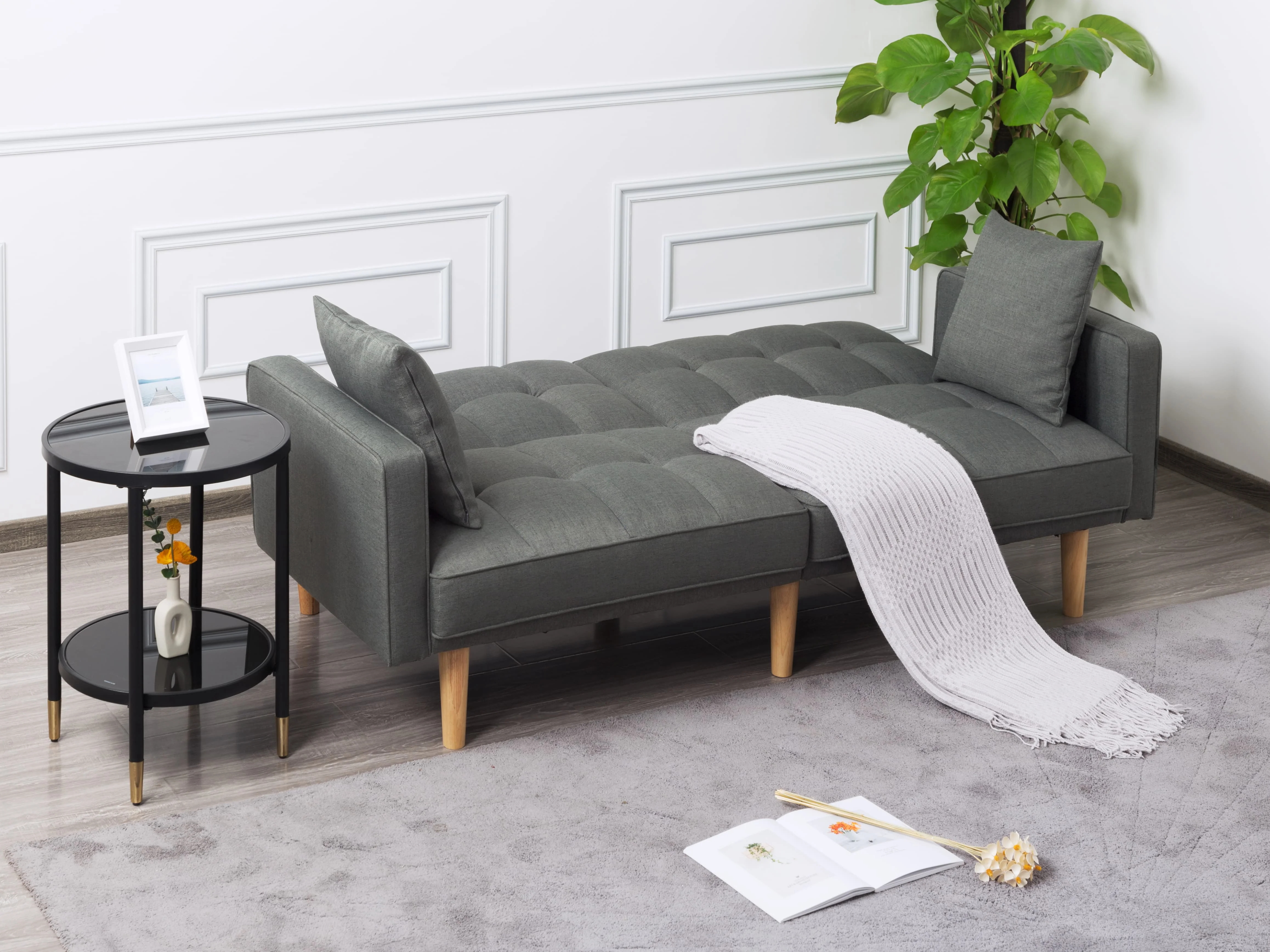 BSHTI Futon Sofa bed, Featuring a split back, square arms, and tapered wood legs