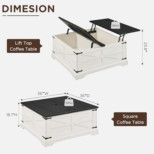 JXQTLINGMU Farmhouse Lift Top Coffee Table with Storage, 36" Wood Square Center Table with Large Hidden Compartment