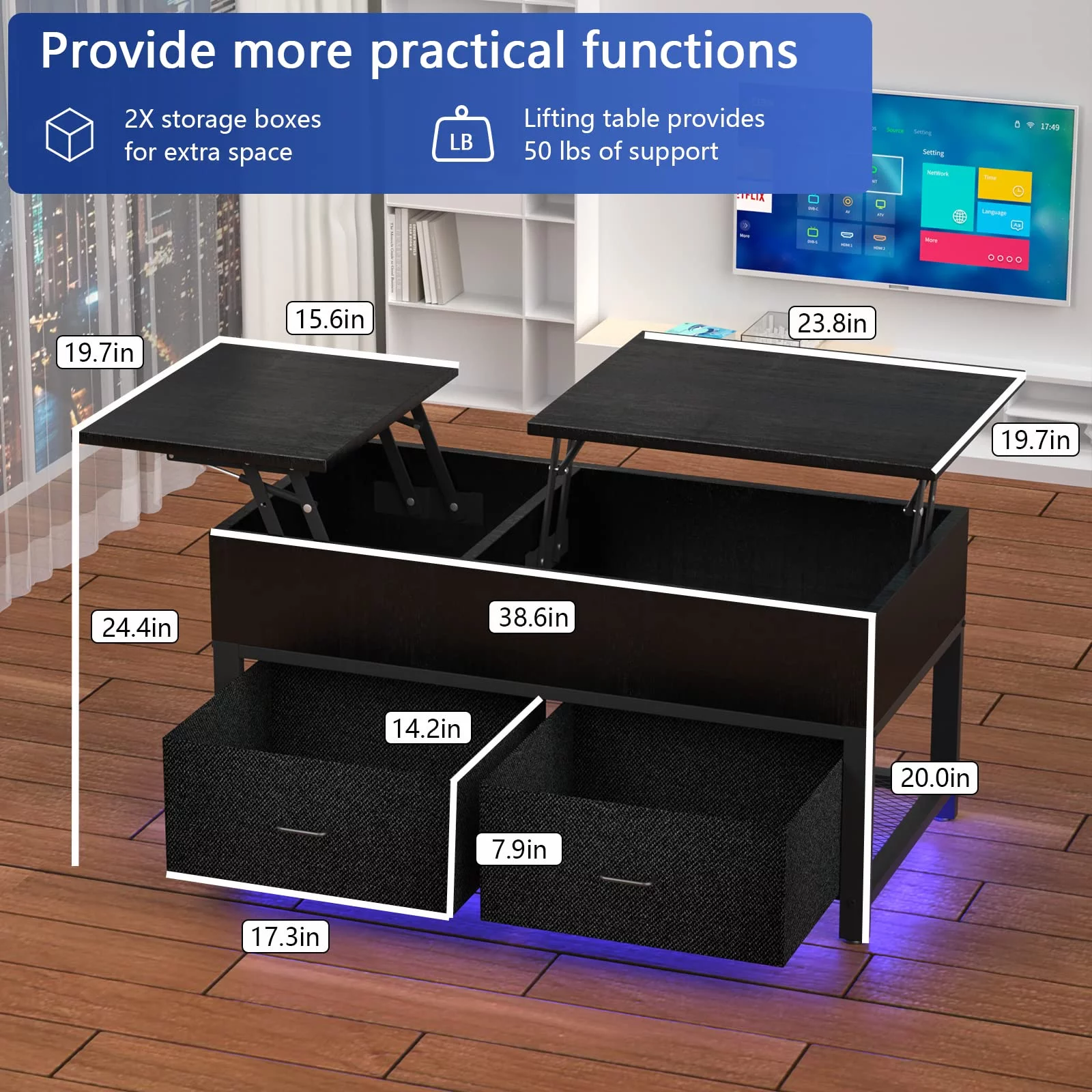 Hasipu Lift Top Coffee Table with Storage for Living Room LED Furniture ,39.4" Modern Square Center Tables with USB Charging Port, Black
