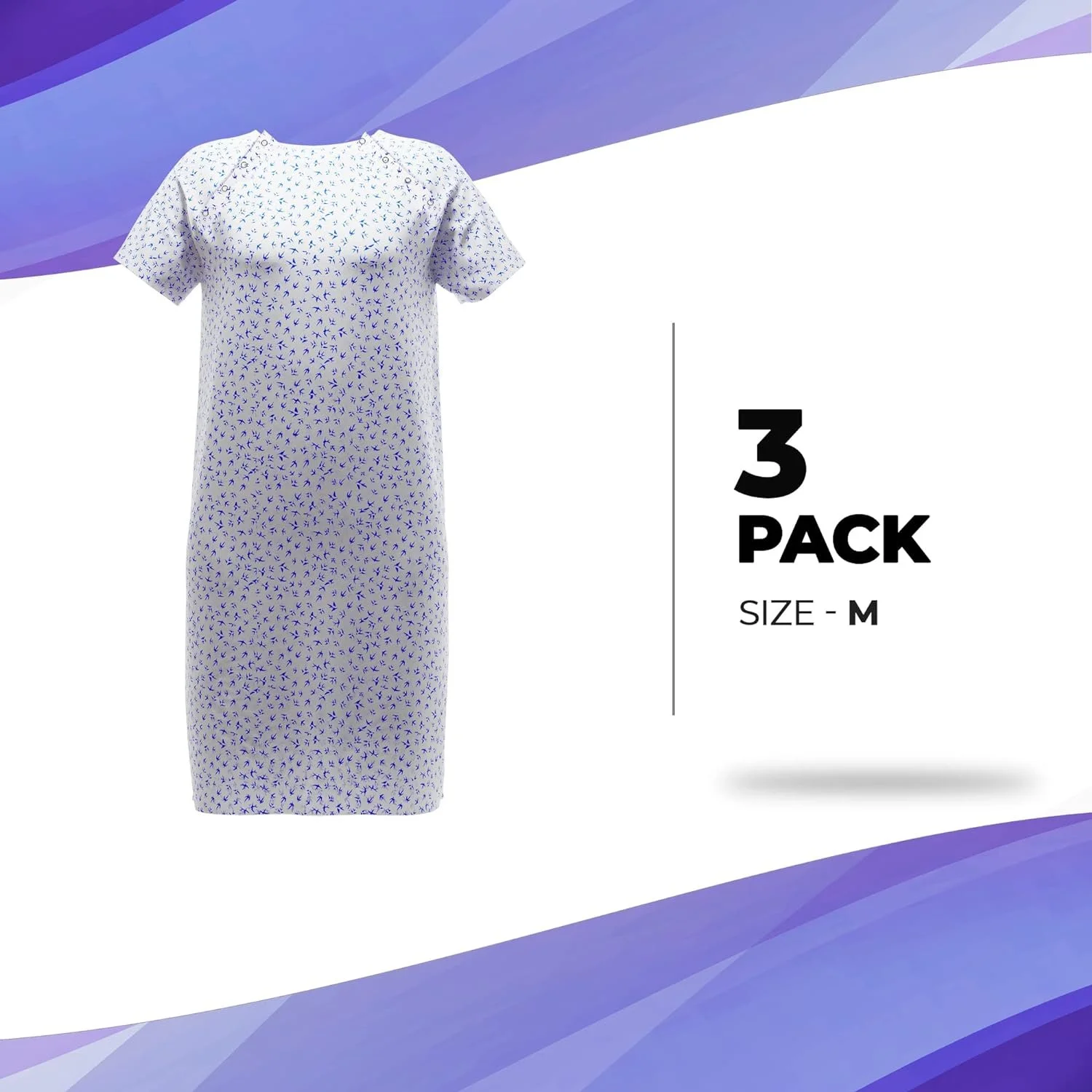 Hospital Gowns for Women, Pack of 3 Medium White Patient Gowns with Bird Print, Short Sleeves, Front and Back Snaps, Soft Cotton Patient Gown