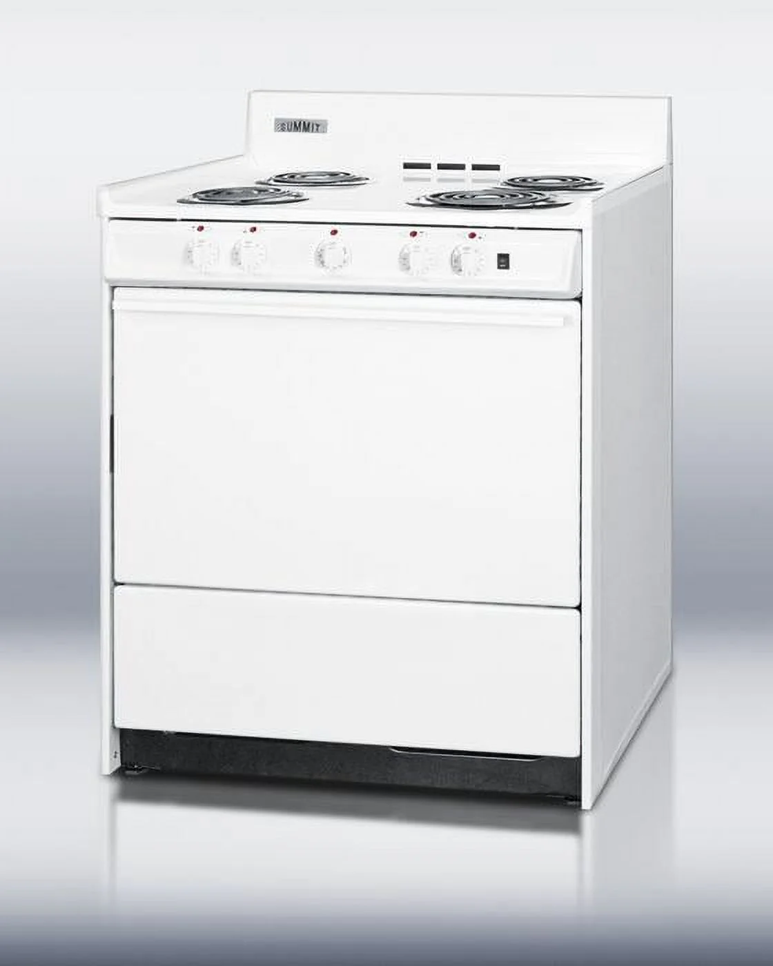 Summit WEM2171Q 30" Freestanding Electric Range with 4 Burners 3.6 Cu. Ft. Capacity Manual Clean Storage Drawer Porcelain oven & 5 Indicator Lights