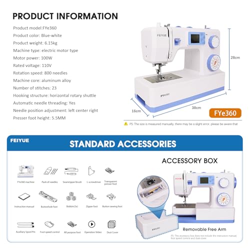 FEIYUE FYe320 Full Size Sewing Machine with Foot Pedal, Speed Control, Heavy Duty & Portable, LCD Display, 25 Built-in Stitches