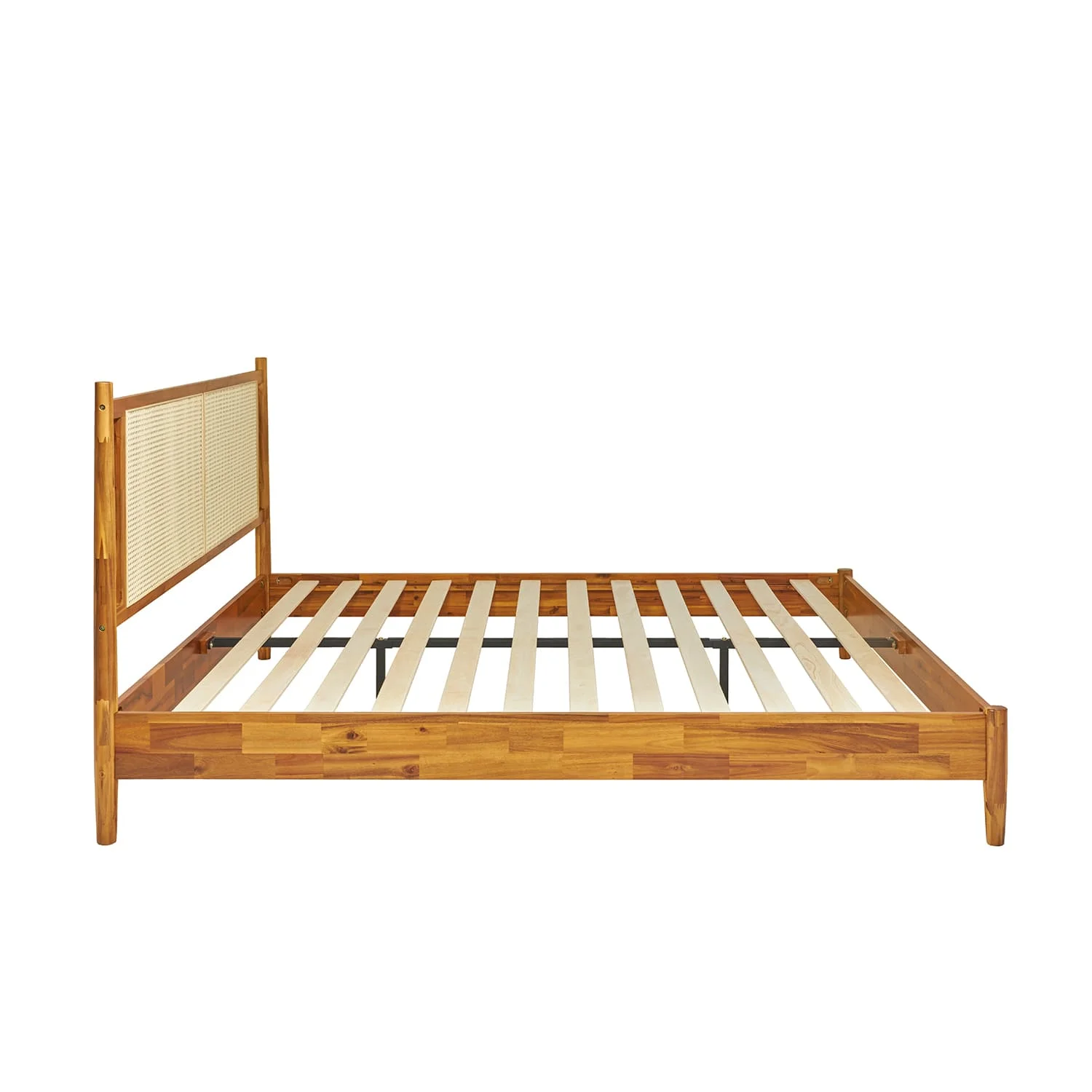 BME Asher 47" Queen Platform Bed Frame, Rattan Headboard, Mid Century and Boho, Solid Wood, Caramel