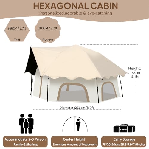 Chihee Camping Tents Pop-Up Stand-up Tent, Family Cabin Tent with Awning Porch 3-Person Outdoor Shelter with Screen Room Large Capacity