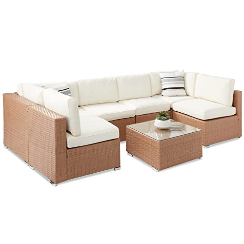 Best Choice Products 7-Piece Modular Outdoor Sectional Wicker Patio Conversation Set w/ 2 Pillows, Coffee Table, Cover Included - Gray/Navy