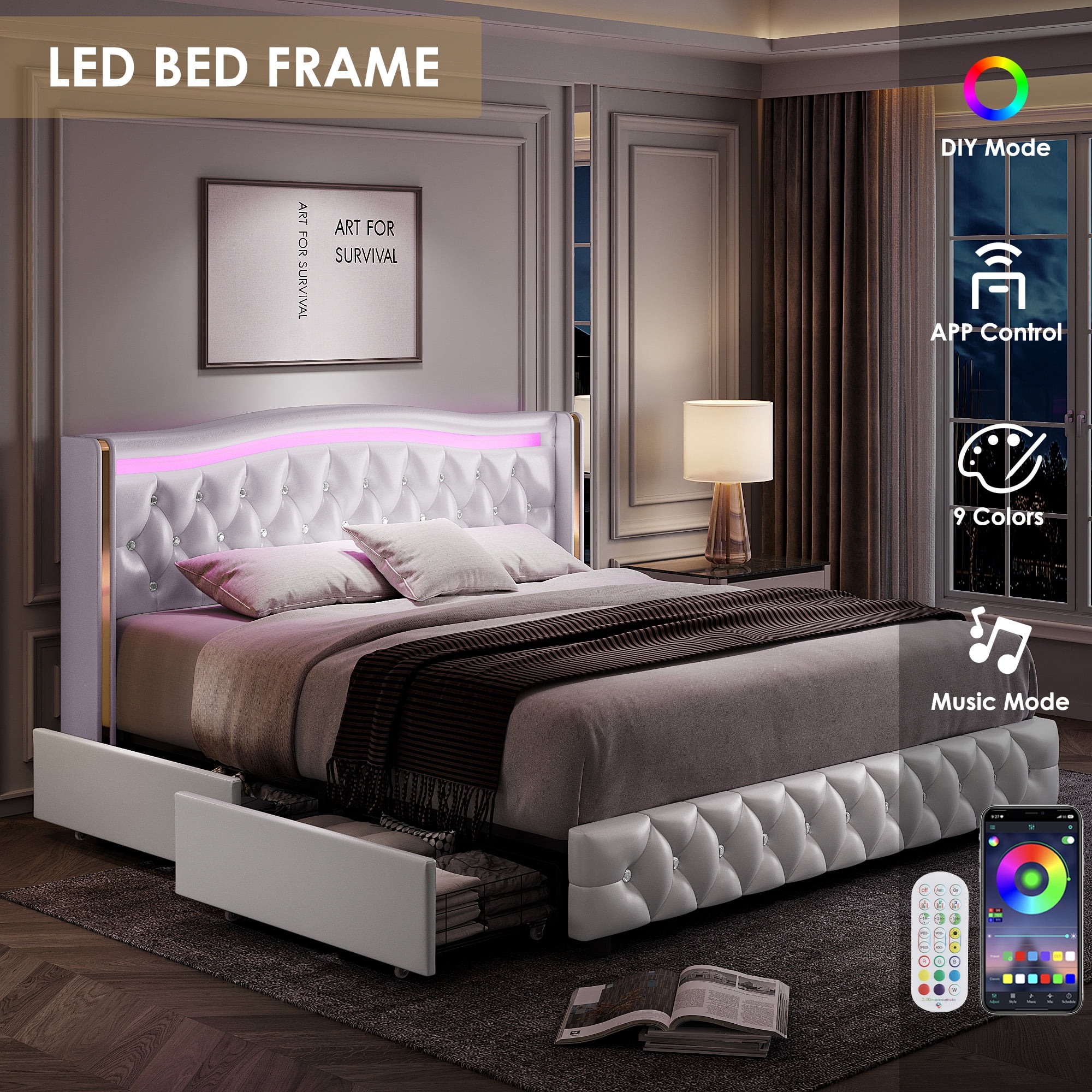 Homfa Full Size LED Bed Frame with 4 Storage Drawers, PU Leather Upholstered Platform Bed with Crystal Buttons Headboard, White