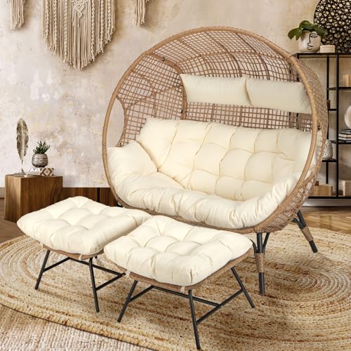 NICESOUL® Double Egg Chair Indoor Outdoor Stationary Oversized Thicken Padded Cushions, 2 Person Egg Loveseat Chair