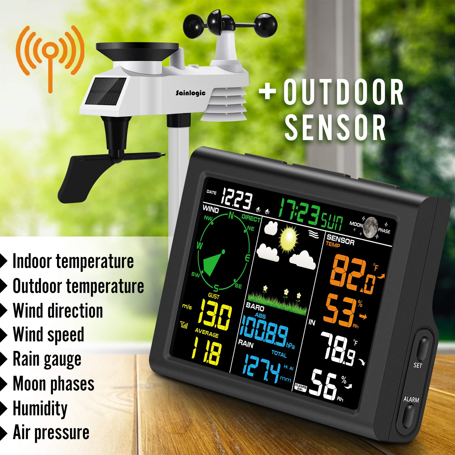 Sainlogic Wireless Weather Station with Outdoor Sensor, 8-in-1 Weather Station with Weather Forecast, Temperature, Air Pressure, Humidity, Wind Gauge