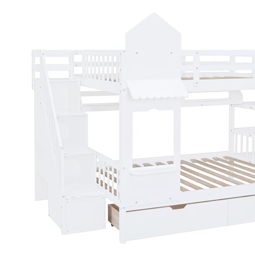 Kids Bunk Bed with Stairs and Slide, Wood Twin Over Twin Bunk Bed with Storage Drawers and Shelves, Castle Style Bunk Beds for Kids Teens Girls Boys