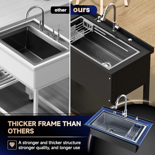 Stainless Steel Utility Sink 36“, Freestanding Laundry Sink with Upgraded Pull Out Faucet, Hose, Drain Kit & Solid Shelf. Utility Sink for Kitchen