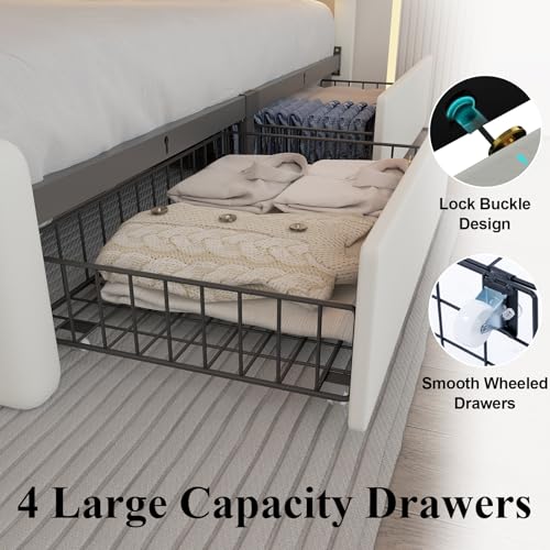 Full Size Bed Frame with 4 Storage Drawers and LED Lights, Upholstered Platform Bed with Adjustable Headboard and Charging Station