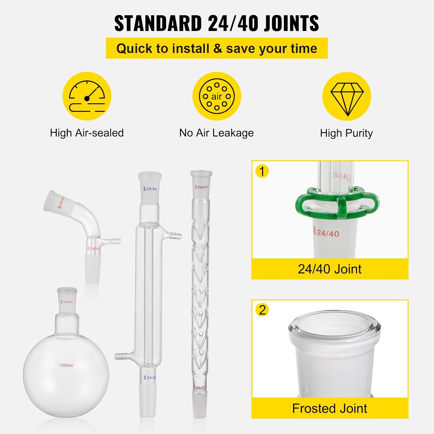 VEVOR New Laboratory Glassware 24/40 Chemistry Glassware 32PCS Chemistry Lab Glassware Kit 250 1000ml for Distillations Separation Purification