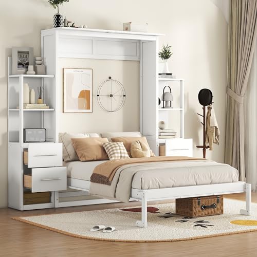 MERITLINE Queen Murphy Bed with Storage Drawers,LED Lights and Shelves,Wood Murphy Wall Bed Cabinet for Adults (Grey)