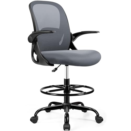 Primy Drafting Chair Tall Office Chair with Flip-up Armrests Executive Ergonomic Computer Standing Desk Chair with Lumbar Support and Adjustable