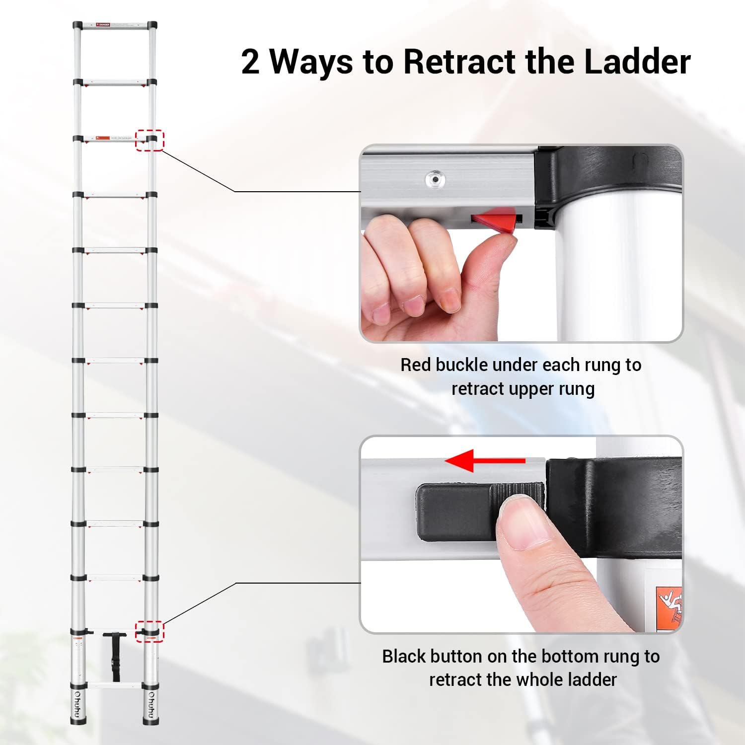 Telescoping Ladder, Ohuhu Upgraded 12.5 FT Aluminum One-Button Retraction Extension Ladder ANSI Certified Retractable Collapsible Ladders
