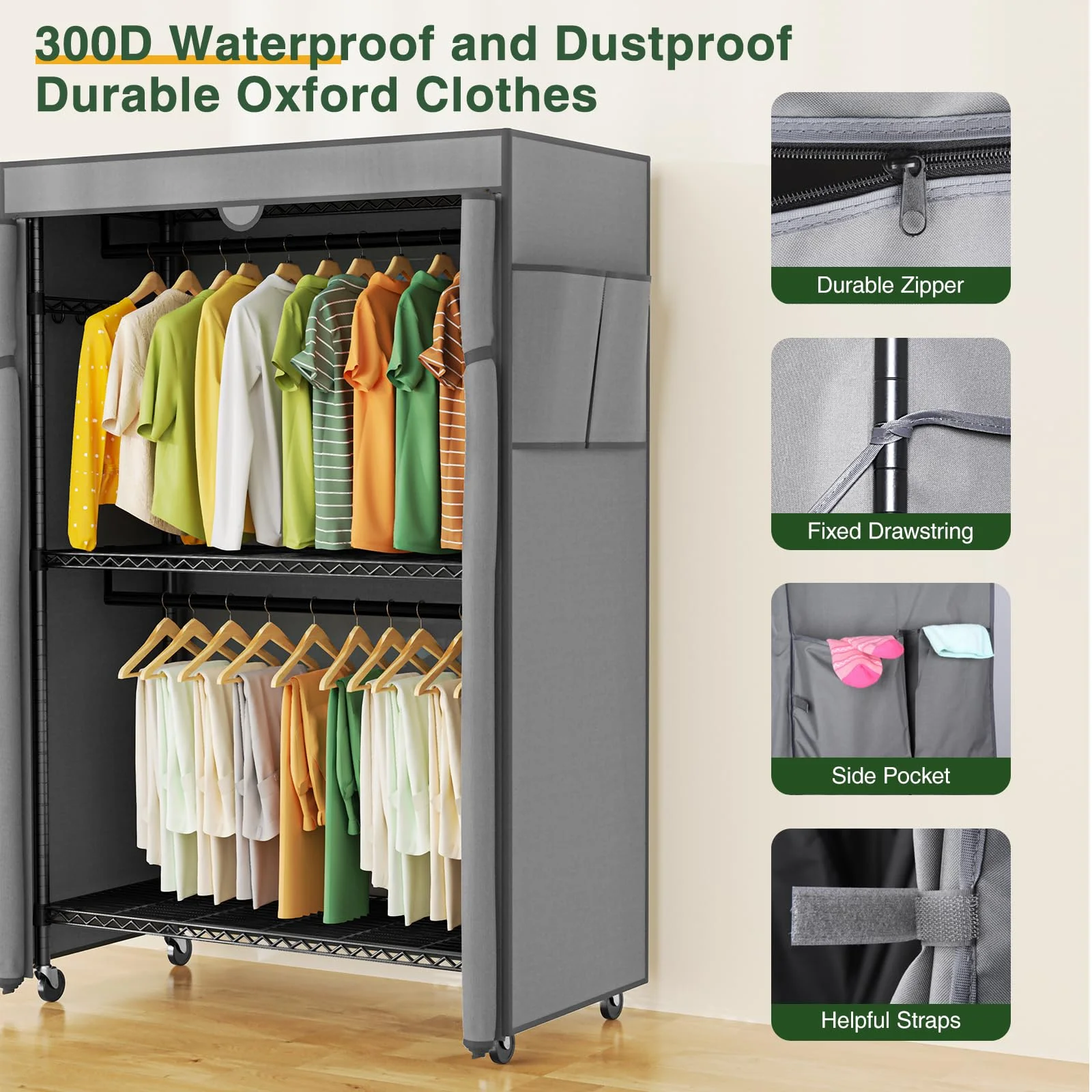 LEHOM G1C Heavy Duty Covered Clothes Rack, Garment Rack for Hanging Clothes with Shelves, Freestanding Clothing Rack with Grey Oxford Fabric Cover