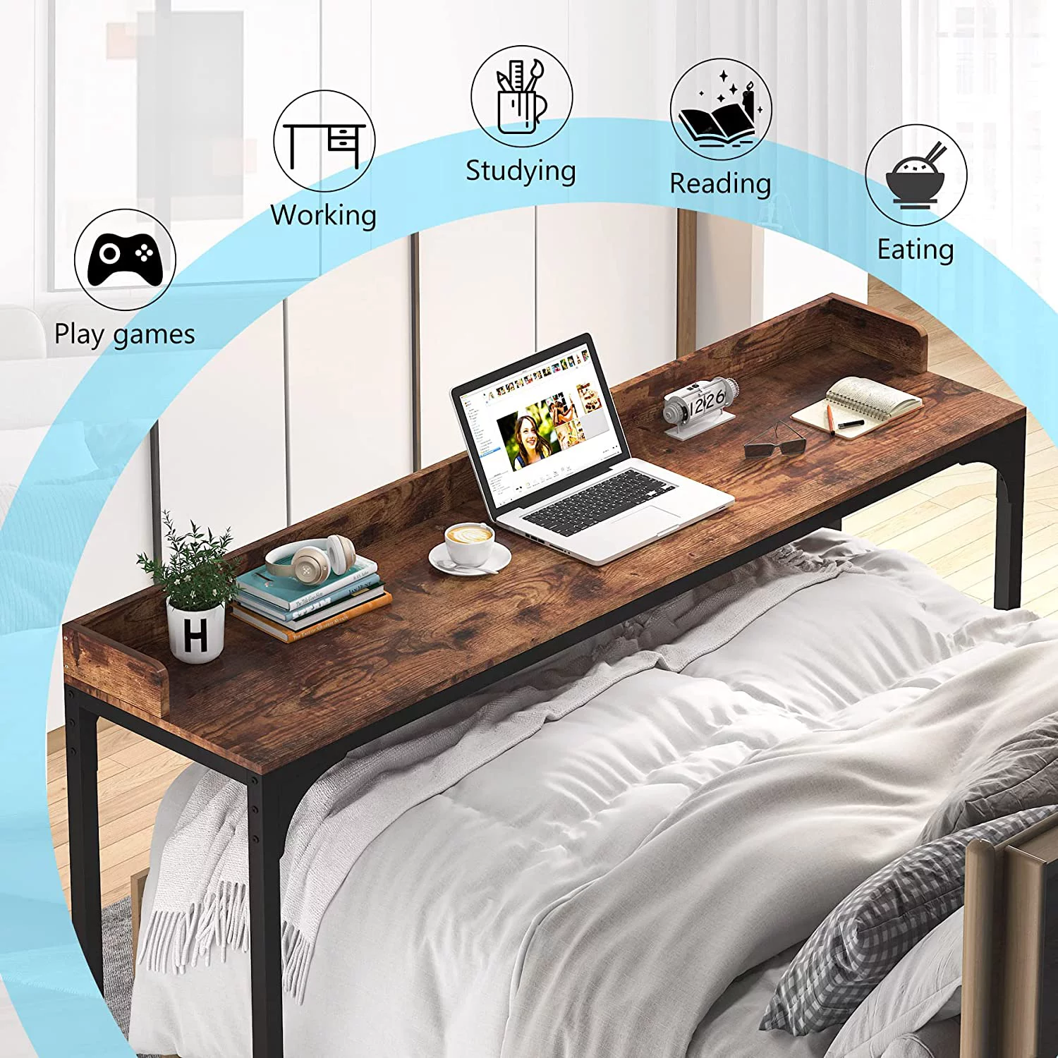 Tribesigns Brown Overbed Table with Wheels 70.8"L Queen Size Mobile Desk with Metal Legs, Unadjustable