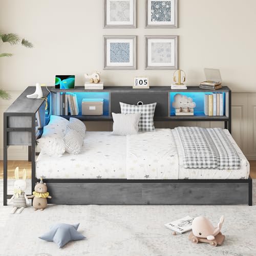 DICTAC Corner Full Bed Frame with Bookcase Storage and Led Lights Full Size Metal Platform Bed Frame with Storage Drawers & Charging Station Full