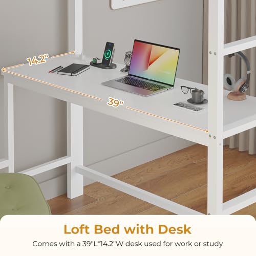 ADORNEVE Twin Size Loft Bed with Desk and 8 Storage Drawers, Metal Kids Loft Bed Twin with LED Lights & Charging Sation, Storage Shelves