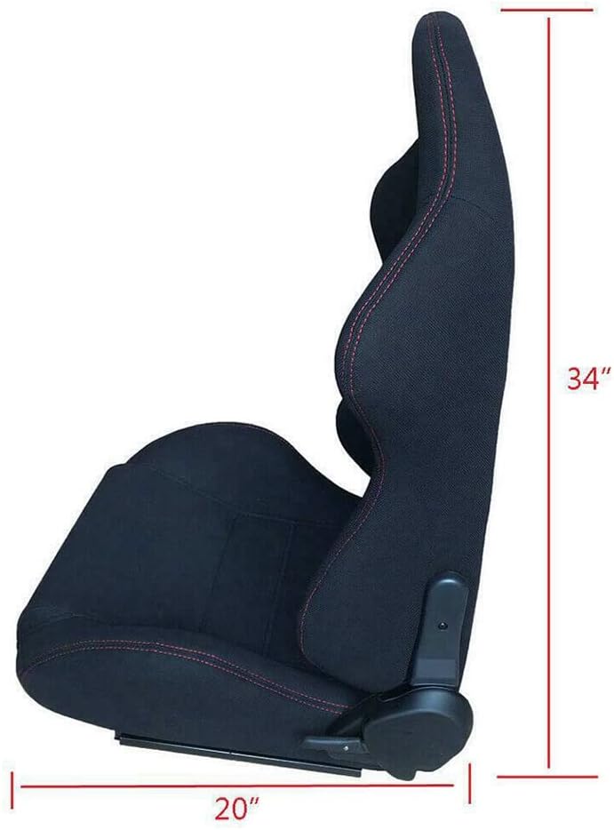 Parts-Diyer Racing Bucket Seats for Car Universal Bucket Reclinable Sports Racing Seats with Sliders Rails Red Stitch Black Cloth Set of 2