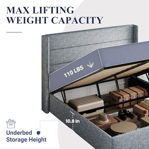 Allewie Full Size Lift Up Storage Bed, Modern Wingback Headboard, Hydraulic Support, No Box Spring Needed, Light Beige