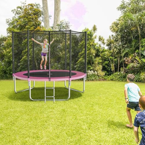 AOTOB 8FT 10FT 12FT 14 FT 15FT Trampoline with Safety Enclosure Net，Outdoor Trampoline with Basketball Hoop