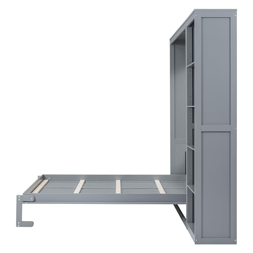 Harper & Bright Designs Full Size Murphy Bed Wall Bed with Storage Shelves, Drawers and LED Lights