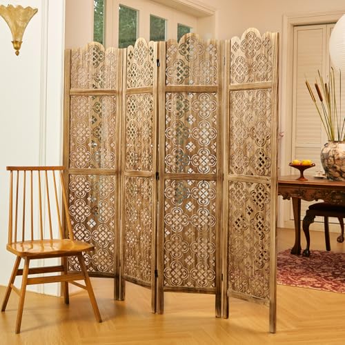 68.9Inch Folding Room Divider, 4 Panels Wood Carved Privacy Screens - Ideal Decorative Partition for Home, Office, Restaurant, Bedroom (Dark Brown)