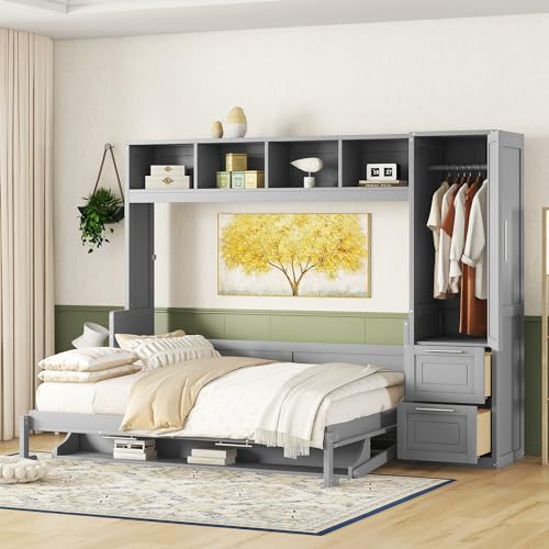 Harper & Bright Designs Queen Size Murphy Bed Wall Bed with Closet and Storage Drawers