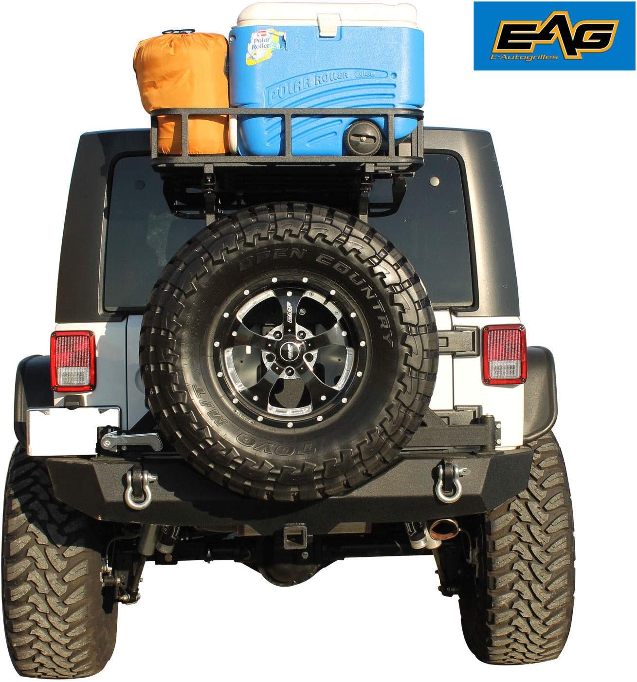 EAG Black Steel Rear Cargo Basket for Rear Bumper with Tire Carrier Fit for Wrangler 87-96 YJ 97-06 TJ 07-18 JK