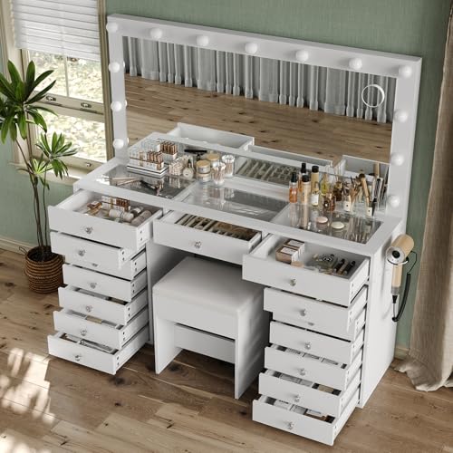 55" W Vanity Desk, Makeup Vanity with Charging Station, 15 Drawers with Lighted Mirror, 3 Lighting Modes, Brightness Adjustable, Glass Top
