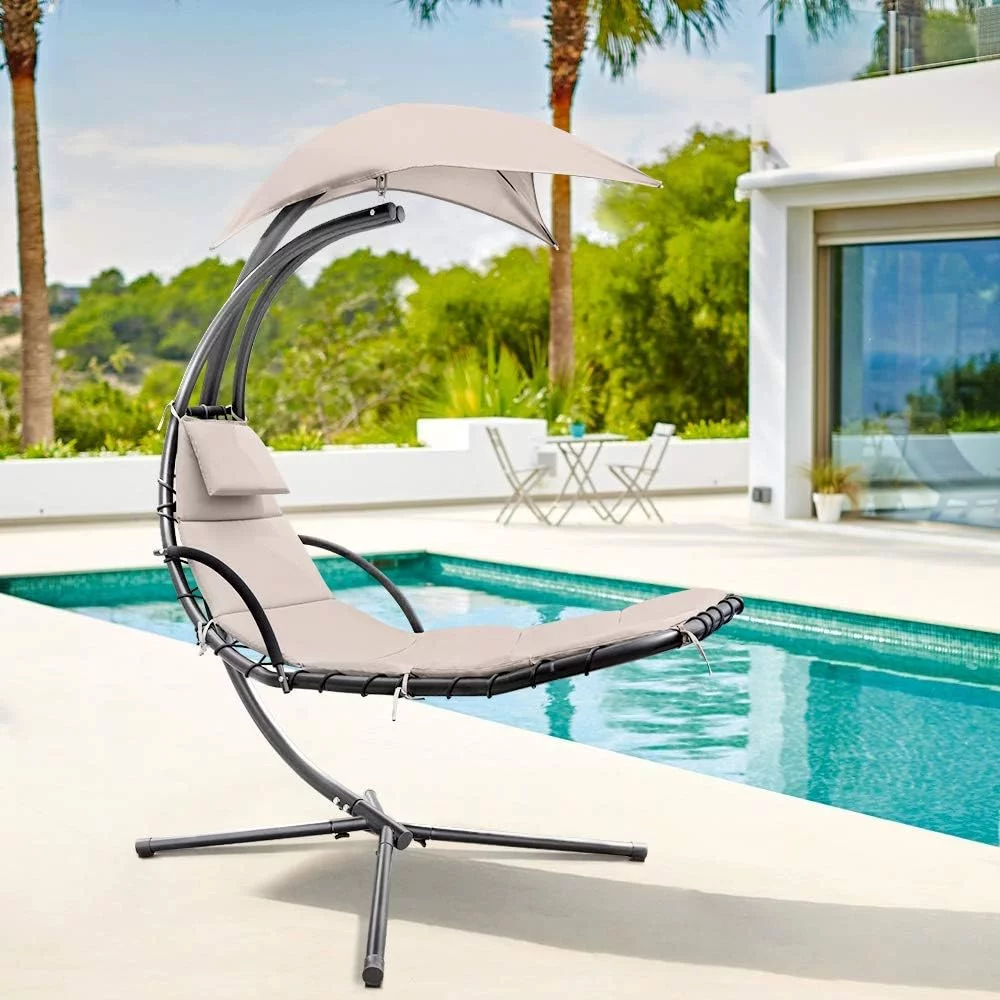 Lacoo Outdoor Hanging Curved Chaise Lounge Chair Patio Swinging Hammock W/ Pillow, Canopy & Stand for Backyard,Metal, Polyester Beige