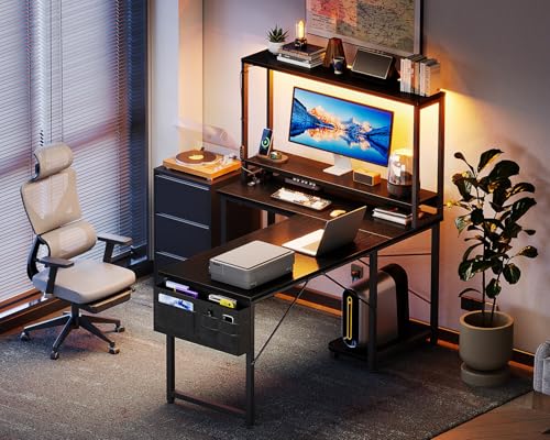 AODK L Shaped Desk Gaming Desk with LED Light & Power Outlet