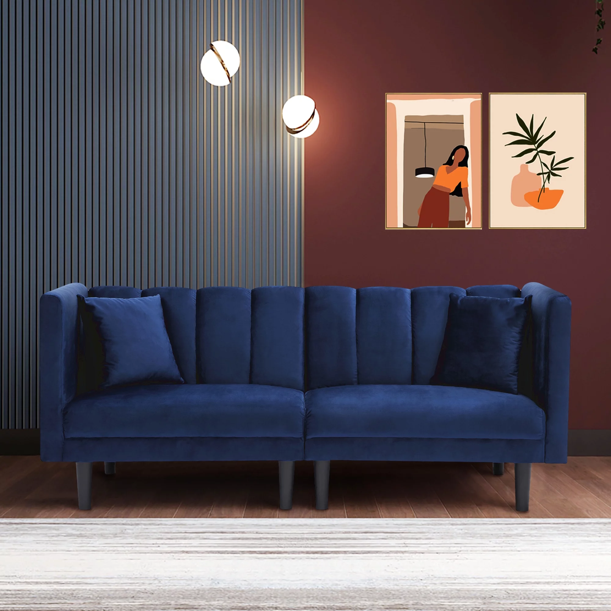 BSHTI 70 inch Futon Sofa Bed, 2 Pillows and Perfect Artificial Cushion Velvet Futon Sofa(Navy Blue)