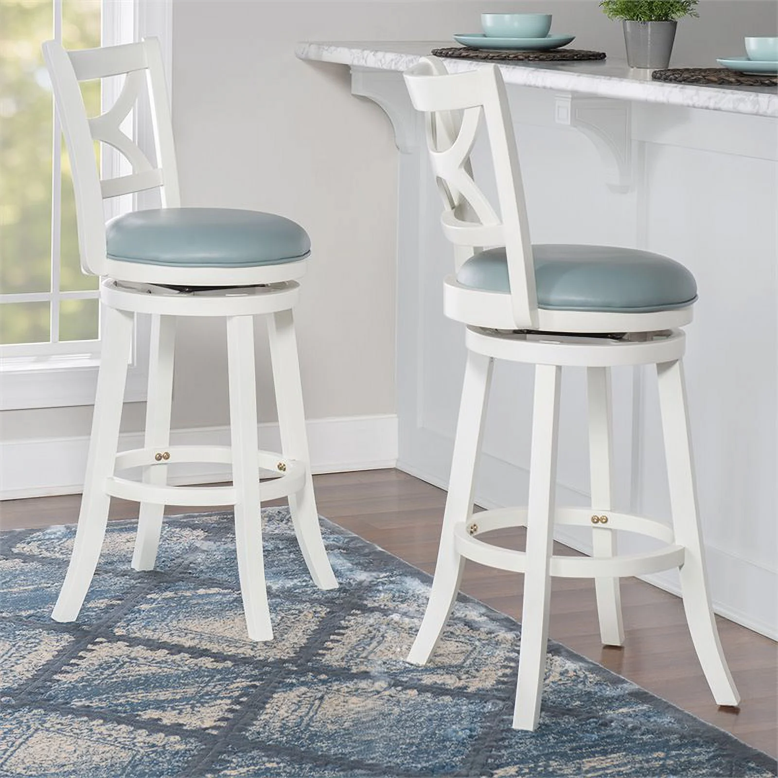 Home Square 3 Piece Swivel Wood Bar Stool Set with PU Seat in Cream - Curated Treasures Market