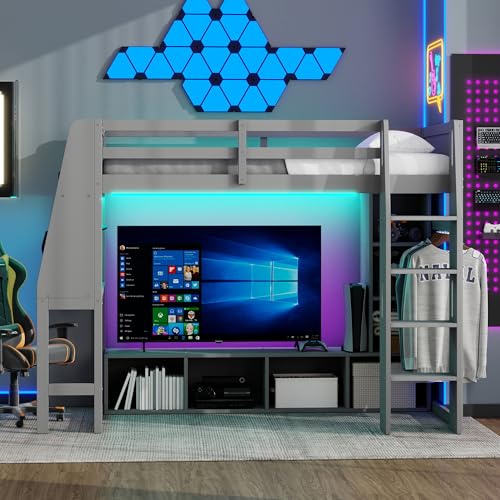 SOFTSEA Twin Gaming Loft Bed with Desk & LED Lights, Solid Wood Loft Bed with Storage Wardrobe and Shelves for Kids Teens