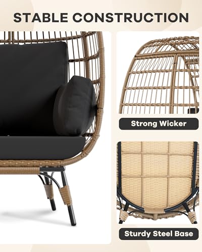 Oversized Wicker Egg Chair Outdoor, Patio Lounge Chair with Ultra Luxury Cushions & Steel Frame, 350LBs Capacity Egg Chair Indoor Outdoor for Balcony