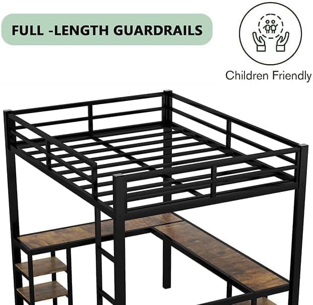 Harper & Bright Designs Full Size Loft Bed with Wardrobe and L-Shaped Desk, Metal Loft Bed with Storage Cubes, Cabinet, Shelves for Kids Teens, White